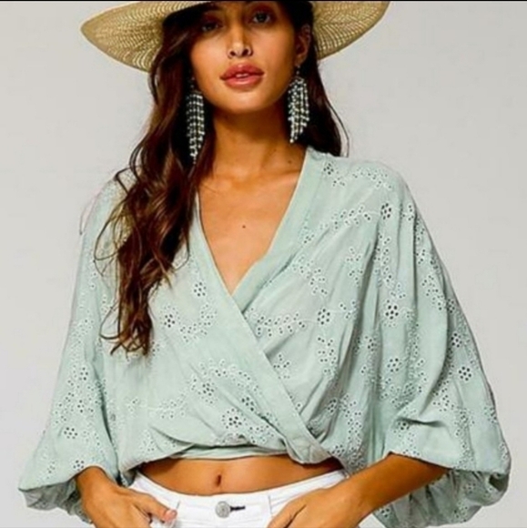 Young Fabulous Broke Potassium Green Tia Eyelet Wrap Kimono Sleeve Top - Picture 3 of 14